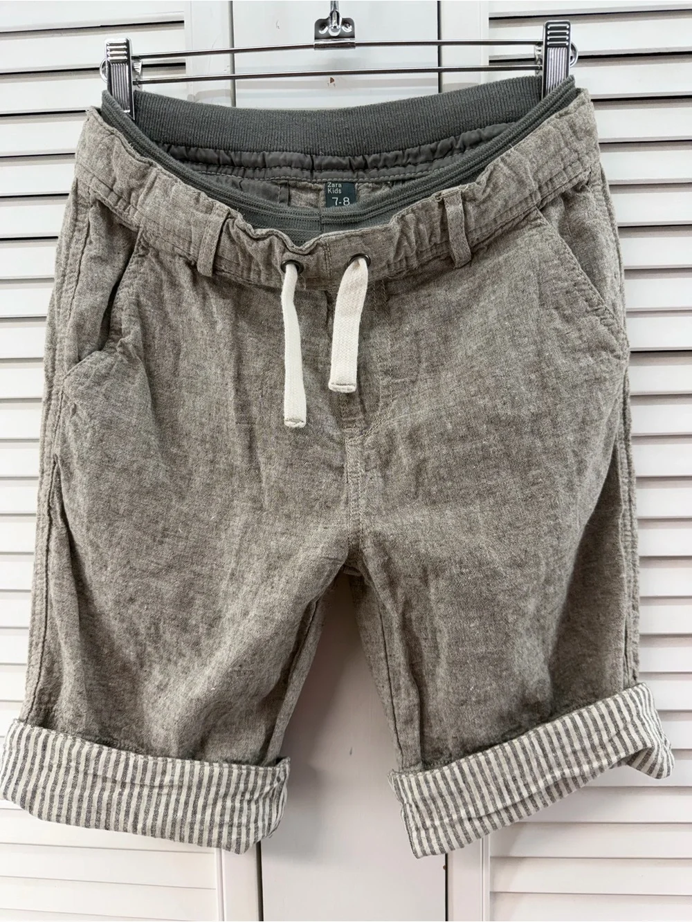 Zara boys size 7-8 Casual Drawstring Linen-cotton Blend Shorts - tan and white
